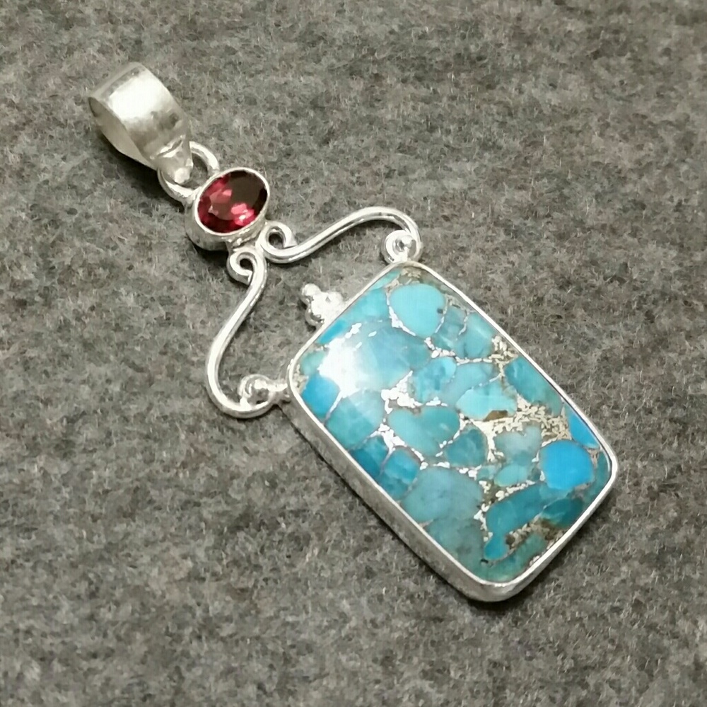 925 Silver Copper Blue Turquoise w/Garnet Pendant